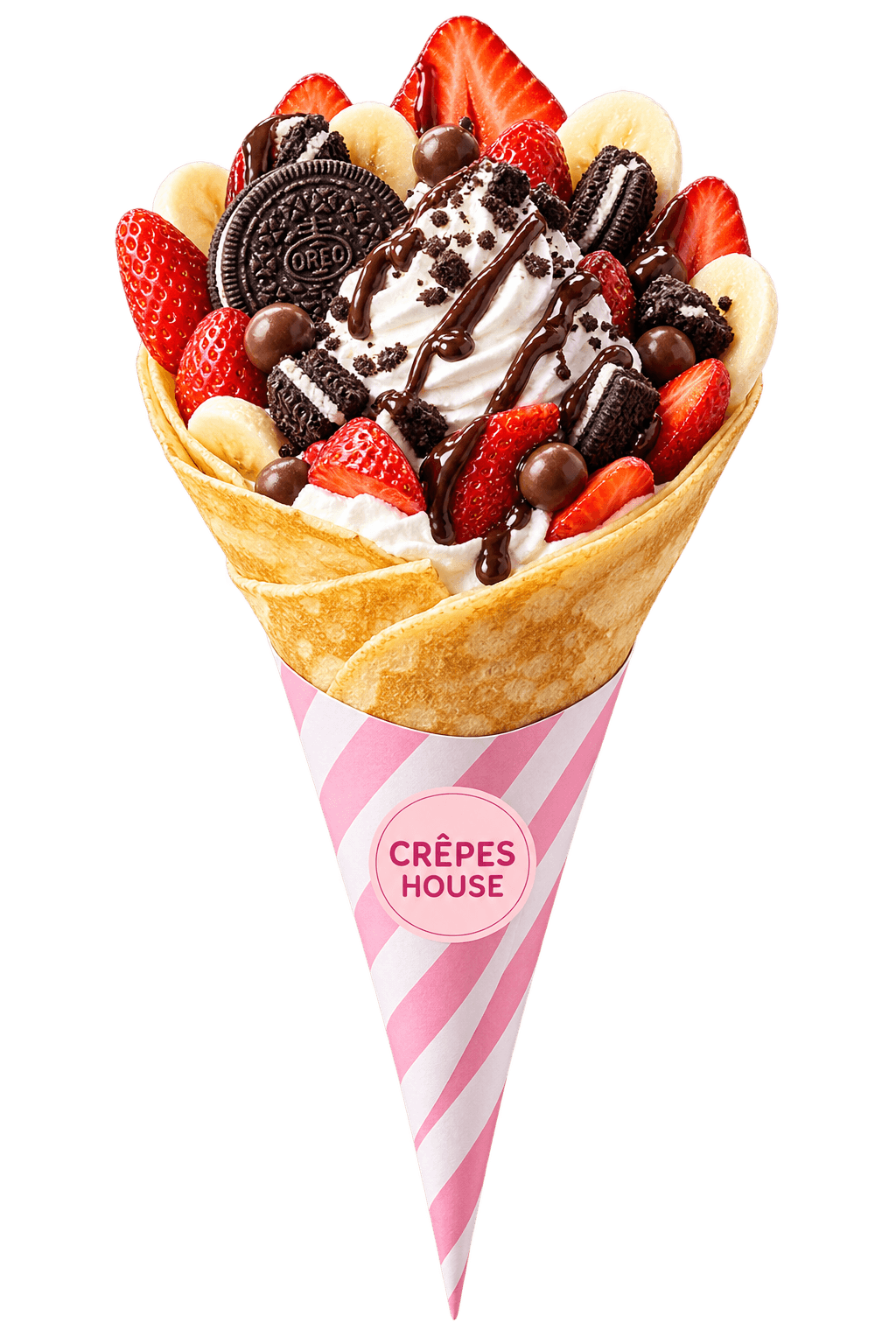 Crêpe con frutas y envoltura rosa